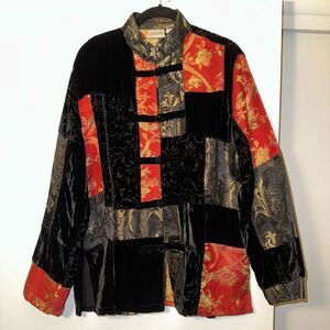 Chicos Medium (1) Silk Blend Black Red Gold Mandarin Style Patchwork Jacket EUC